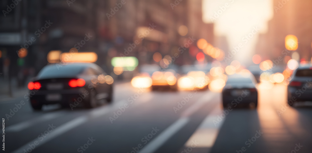 Blurred urban motorway car in rush hour traffic abstract background. The city lights. Motion blur. - obrazy, fototapety, plakaty 