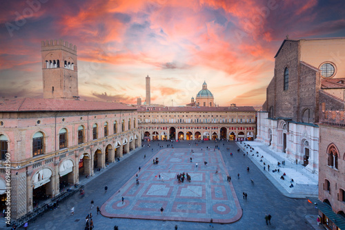 Top view from the drone of the Piazza Maggiore in the city of Bologna at sunset. Best city in Italy Europe in 2022. Wonderful romantic panorama. University, art, cuisine. Traveling concept sky ancient photo