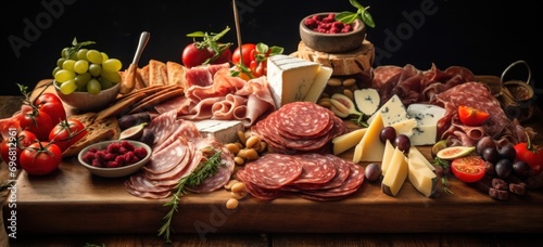 Assorted gourmet meats and cheeses spread on wooden table. Gourmet food and dining.