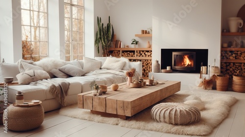 Minimal  modern  elegant  neutral  cozy and white bohemian  boho living room with a sofa and plants. soft earthy colors. Great as interior furniture decoration design inspiration.