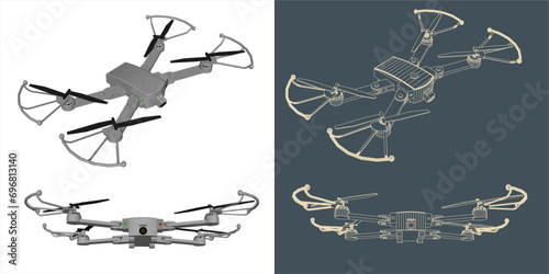 Vector Qadrocopter or drone line blueprint wireframe