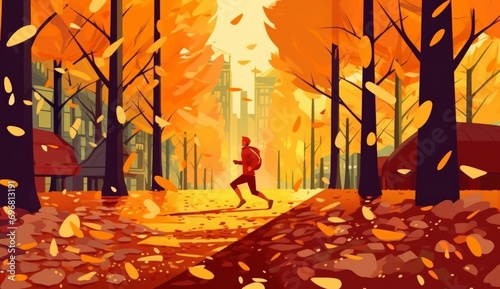 Man jogging in autumn park. Vector illustration in flat cartoon style