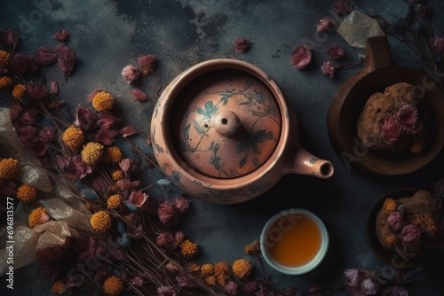 Tea ceremony still life. Tea cup, teapot, cookies and dried flowers on dark background