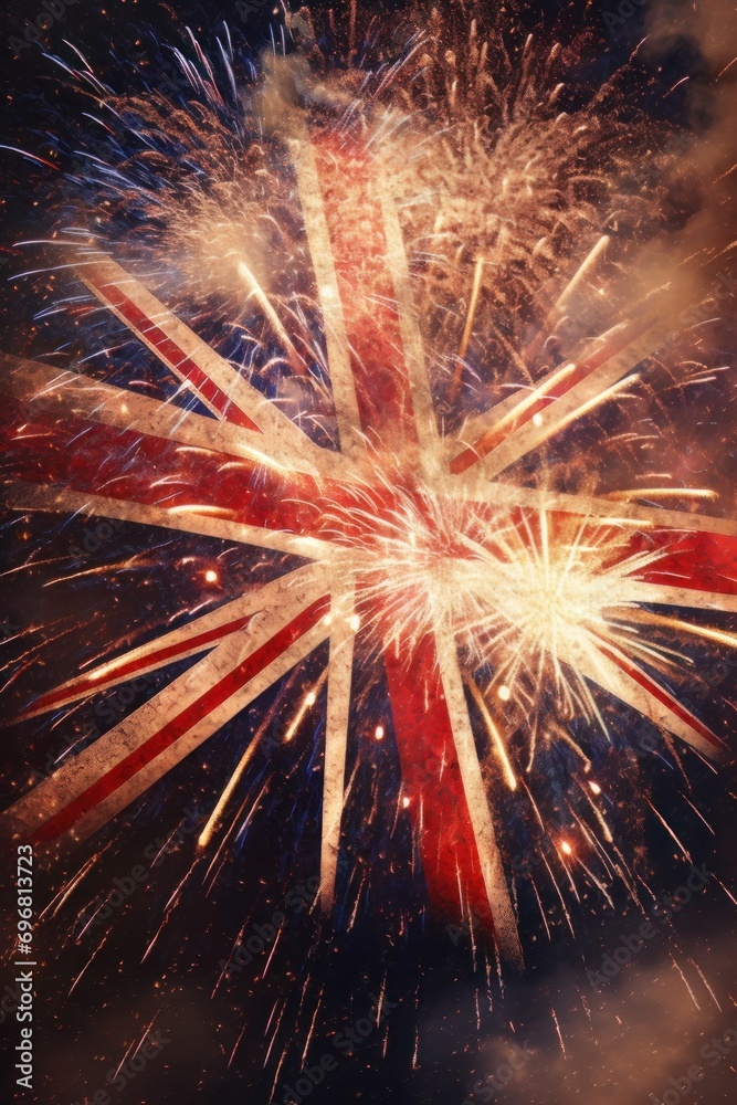 Fireworks with the national flag of the United Kingdom in the night sky