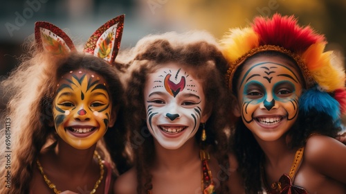 Close-up portrait of three smiling, happy girls in carnival mask, different races, colors, origins and coutries, interracial global friendship, cosmopolite festival, colorful make-up and accessories