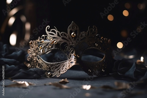 Masquerade carved dark mask with gilding on a dark background, festival carnival party mask.