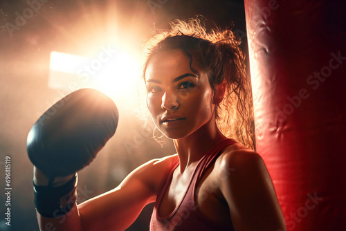 A young woman is training boxing, an aggressive sport, wearing gloves.