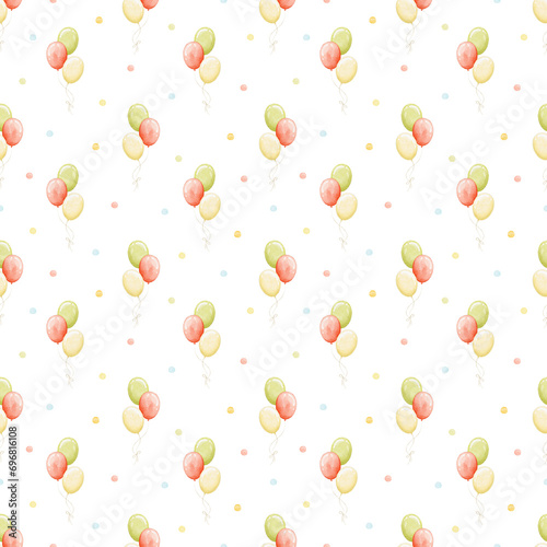 Seamless pattern with various red, green, yellow balloons and polka dots isolated on white background. Watercolor hand drawn illustration sketch