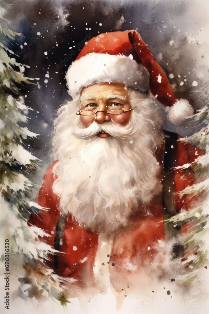 Watercolor Christmas illustration. Santa Clause, Christmas tree, deer, fireplace, Santa sleigh, ornaments clipart. Decoration for holiday cards. Isolated on white background Watercolor Christmas illustration. Santa Clause, Christmas tree, deer, fireplace, Santa sleigh, ornaments clipart. Decoration for holiday cards. Isolated on white background