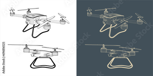 Vector drone or quadcopter line wireframe blueprint