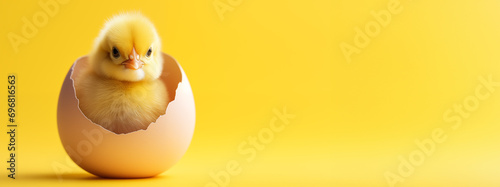 cute yellow chick peeps out of the egg on pastel yellow background with copy space
