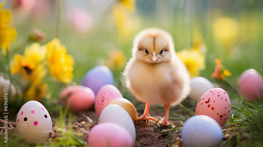 Easter card - cute yellow chick among Easter eggs in green spring grass. copy space