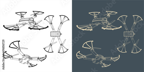Vector drone or quadcopter line wireframe blueprint