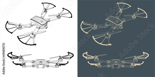 Vector drone or quadcopter line wireframe blueprint