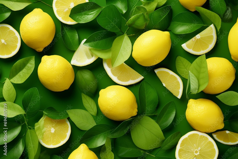Creative food summer citrus fruits banner panorama wallpaper, seamless pattern texture - Top view of many fresh lemons, slices and leaves, isolated on green background