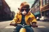 teenage monkey in sunglasses, yellow jacket rides bicycle against backdrop of city. animal character