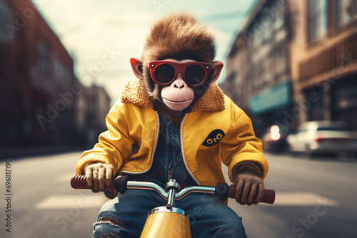 teenage monkey in sunglasses, yellow jacket rides bicycle against backdrop of city. animal character photo