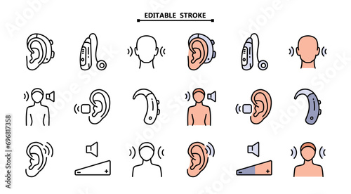 Hearing aid icons set. Volume booster for ears, for the deaf old and young. For better hearing, simple icon collection