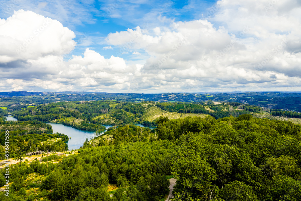 View of the Genkeltalsperre and the surrounding nature. Landscape at the reservoir near Gummersbach and Meinerzhagen.
