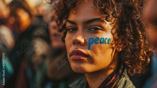 Close-up of woman activist protesting in the street. Female activist protest against war. On her face is written peace photo