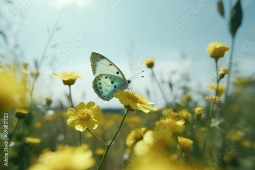 Butterfly on yellow flower with blue sky and green grass background