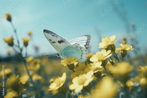 Butterfly on yellow flowers in the meadow. Spring background