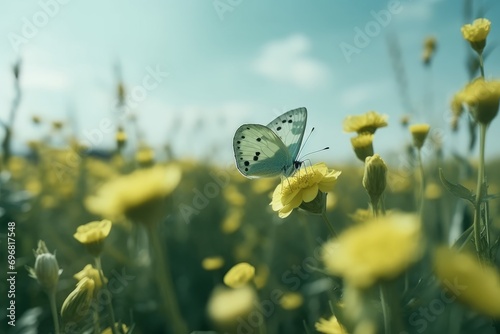 Butterfly on yellow flower in green meadow and blue sky