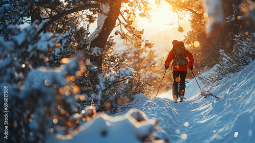 person skiing in the snow seen from the back during golden hour photo