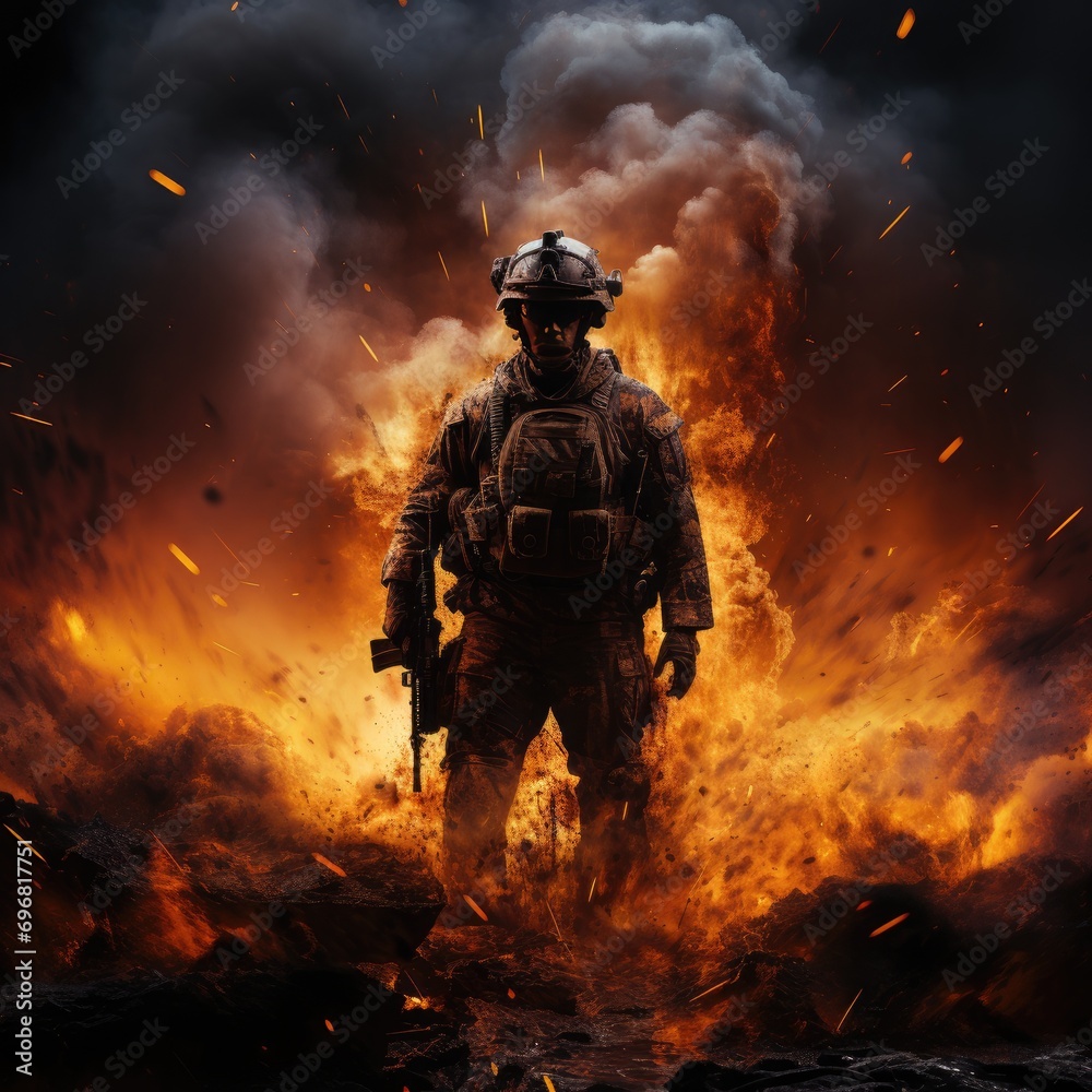 Obraz premium A military man in camouflage uniform with a weapon in fire and smoke. Lone armed soldier in a fire. War and fiery flames from an explosion. Surviving soldier. The military man is in danger.