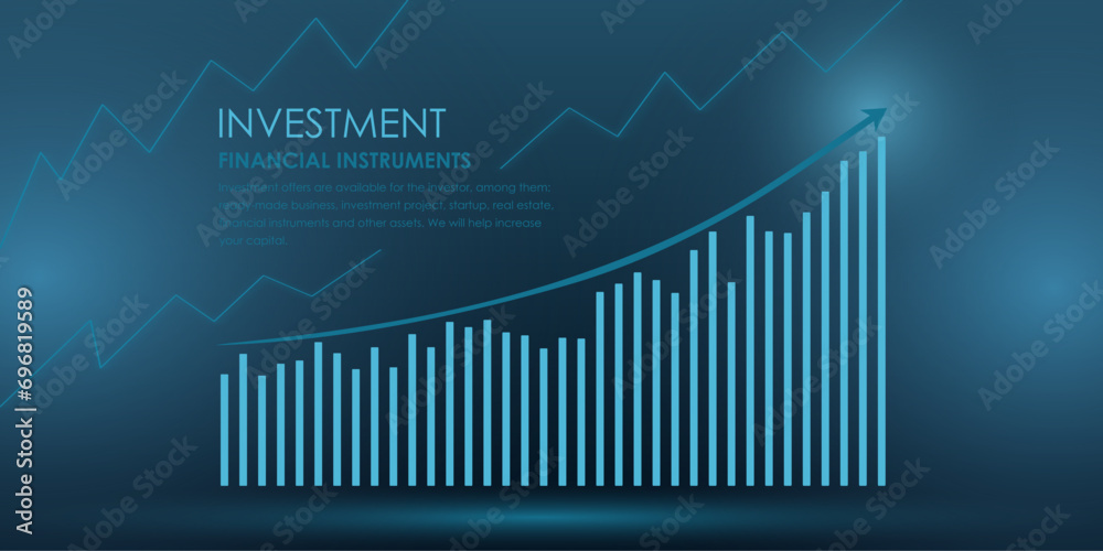 Vector illustration. Investments, financial instruments, economic trends, trade and investment, graphs, charts. Presentation concept, website background, poster or banner, advertising. Digital agency. - obrazy, fototapety, plakaty 