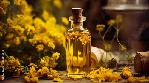 Immortelle essential oil in a bottle.  