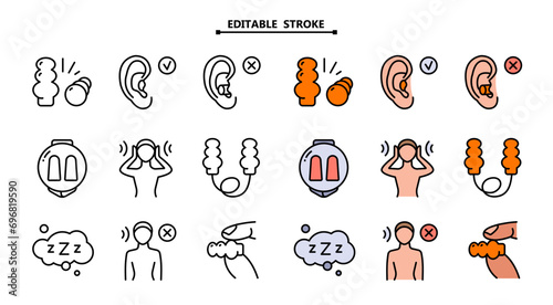 Earplugs flat icons set. Healthy sleep without snore, ear safety illustrations. Signs for medical store. Simple style symbols isolated on white background