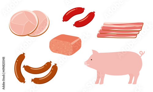 かわいい豚肉を使用した加工肉のイラストセット_processed pork products photo