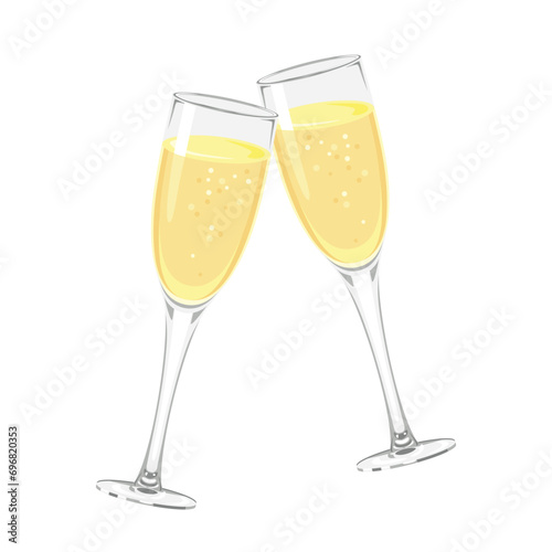 Two glasses of champagne isolated on white background. Cheers! Vector cartoon illustration of sparkling wine.