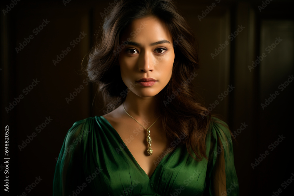 a beautiful asianwoman in a green dress, strong facial expression, dark white and dark brown, simple, multi-layered