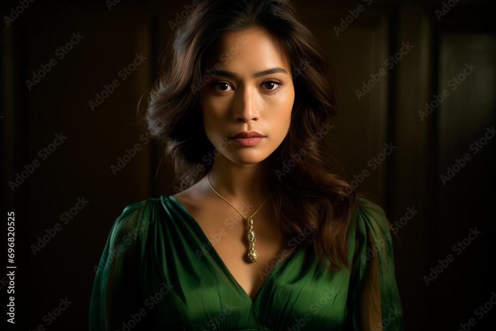 a beautiful asianwoman in a green dress, strong facial expression, dark white and dark brown, simple, multi-layered a beautiful asianwoman in a green dress, strong facial expression, dark white and dark brown, simple, multi-layered