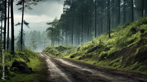 forest scene with a muddy path, tall pine trees, and mist creating a mystical atmosphere