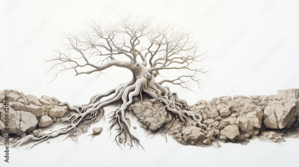 Fototapeta premium A leafless tree with intricate roots breaking through rocky terrain symbolizing strength, resilience, and natural beauty amidst adversity.