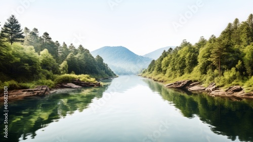 lake surrounded by lush green trees with mountains in the background under a clear sky