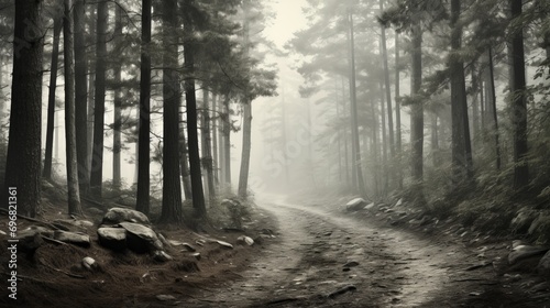 Misty forest path with pine trees and filtered light