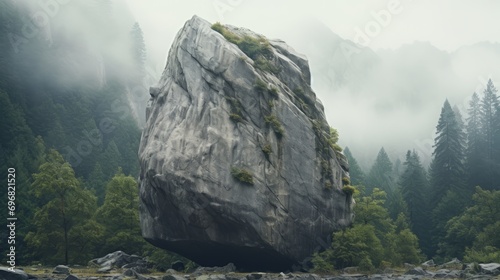 A large boulder in a misty forest setting surrounded by green trees under a cloudy sky photo