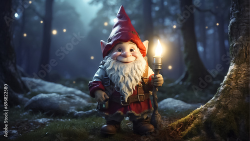 happy funny cartoon gnome with a flashlight in the forest