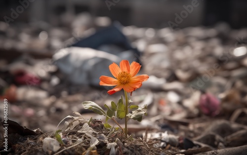 a flower grows among a pile of garbage