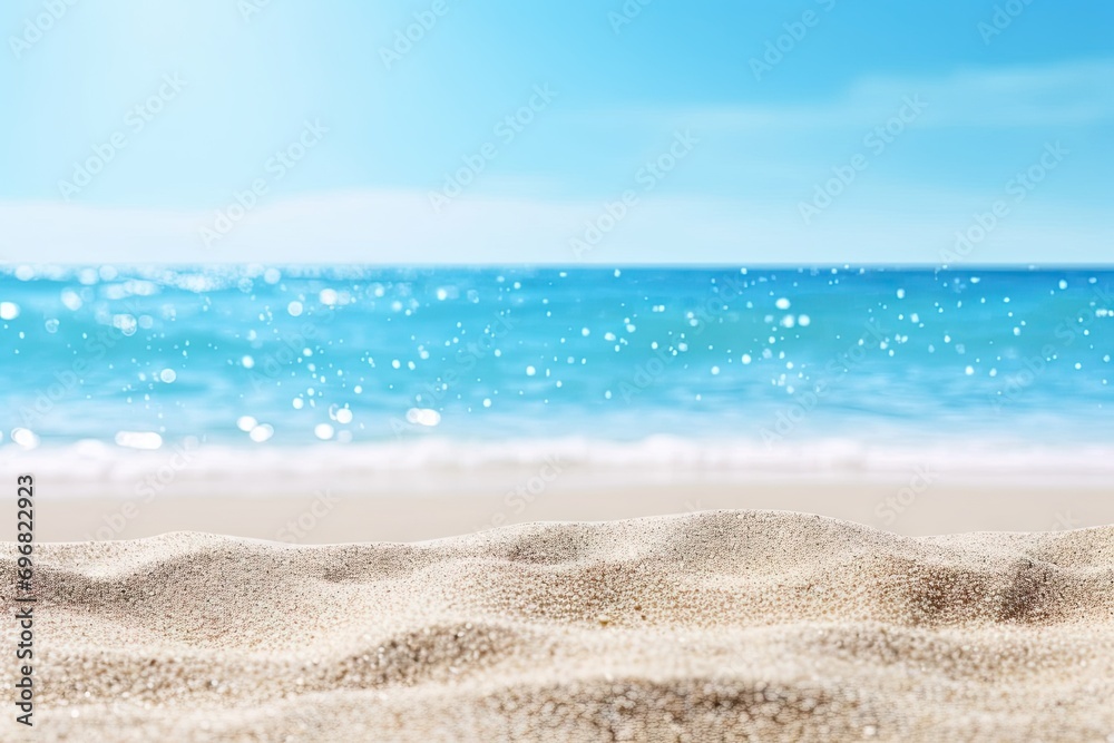 Beach getaway. Picturesque scene captures essence of perfect beach vacation. Golden sand stretches along shoreline meeting clear blue waters of ocean Beach getaway. Picturesque scene captures essence of perfect beach vacation. Golden sand stretches along shoreline meeting clear blue waters of ocean