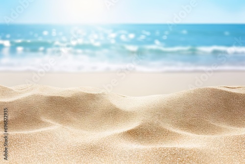 Beach getaway. Picturesque scene captures essence of perfect beach vacation. Golden sand stretches along shoreline meeting clear blue waters of ocean