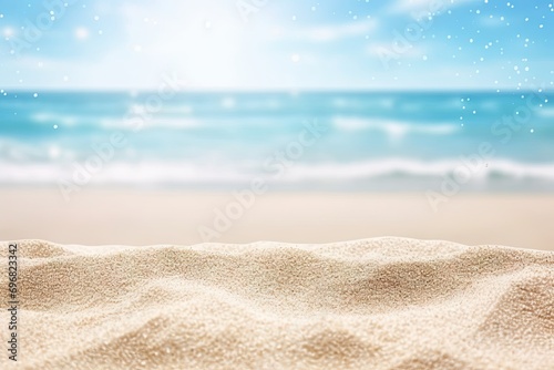 Beach getaway. Picturesque scene captures essence of perfect beach vacation. Golden sand stretches along shoreline meeting clear blue waters of ocean