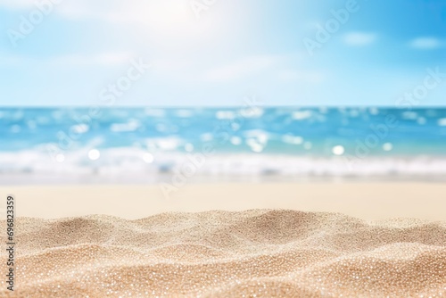 Beach getaway. Picturesque scene captures essence of perfect beach vacation. Golden sand stretches along shoreline meeting clear blue waters of ocean