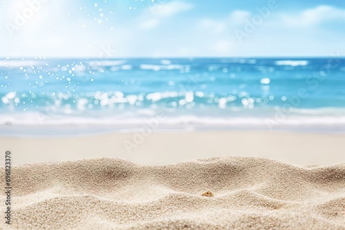 Beach getaway. Picturesque scene captures essence of perfect beach vacation. Golden sand stretches along shoreline meeting clear blue waters of ocean