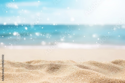 Beach getaway. Picturesque scene captures essence of perfect beach vacation. Golden sand stretches along shoreline meeting clear blue waters of ocean