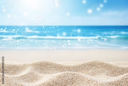 Beach getaway. Picturesque scene captures essence of perfect beach vacation. Golden sand stretches along shoreline meeting clear blue waters of ocean